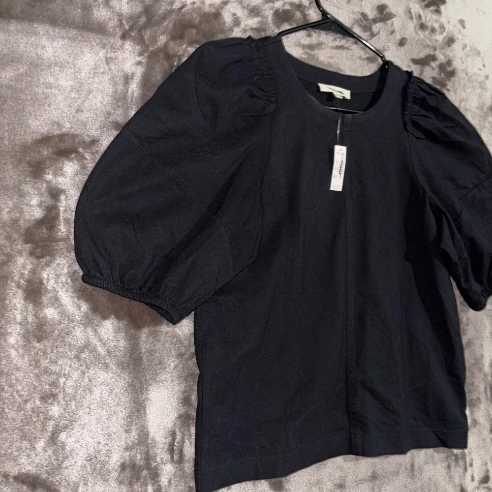 Madewell Womens XS Black Puff Sleeve Crew Neck Cotton Blend Top‎ Blouse